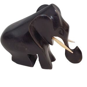 Hand Carved Wooden Elephant 4‎ Inches tall Removable Tusks Dark Brown to black